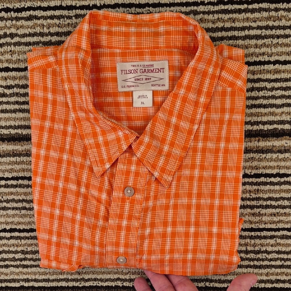 FILSON Orange White Plaid Nylon Blend Mens XL Button Up Long Sleeve Shirt‎